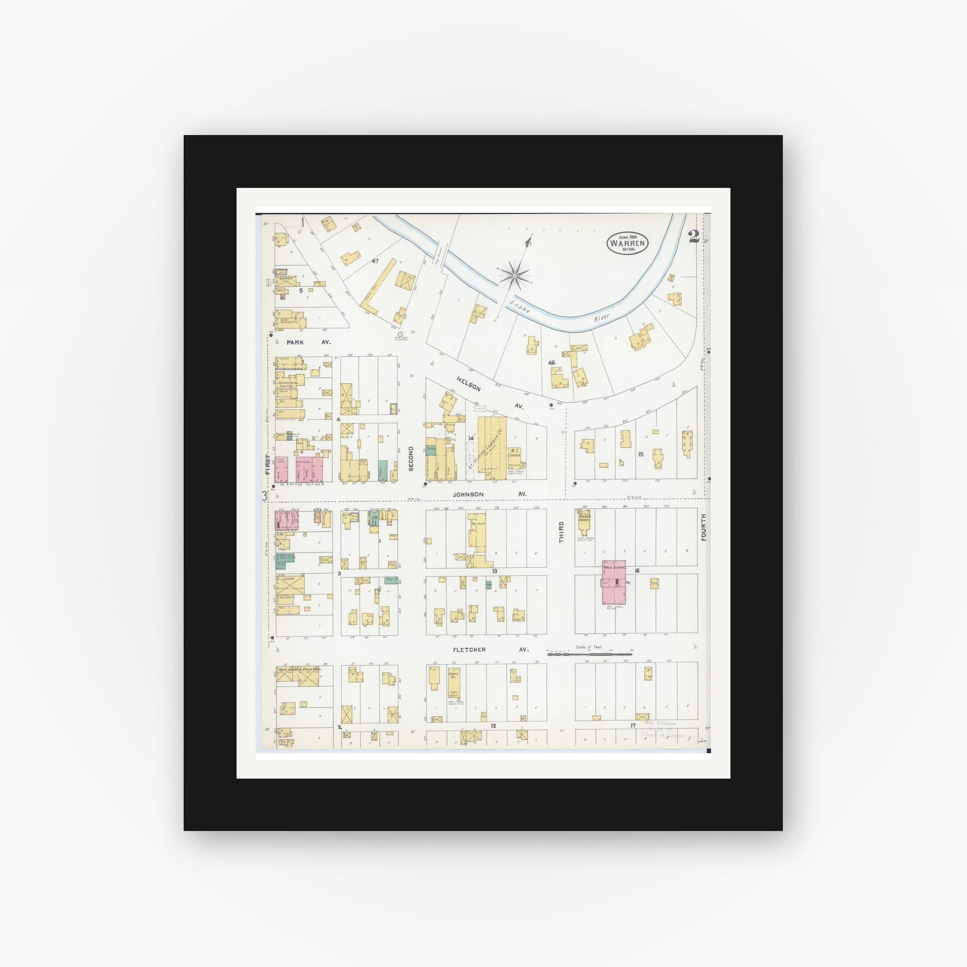 Old map wall art mockup — black gallery frame with white mat — Sanborn Fire Insurance Map from Warren, Marshall County, Minnesota (1904), Sheet #0002