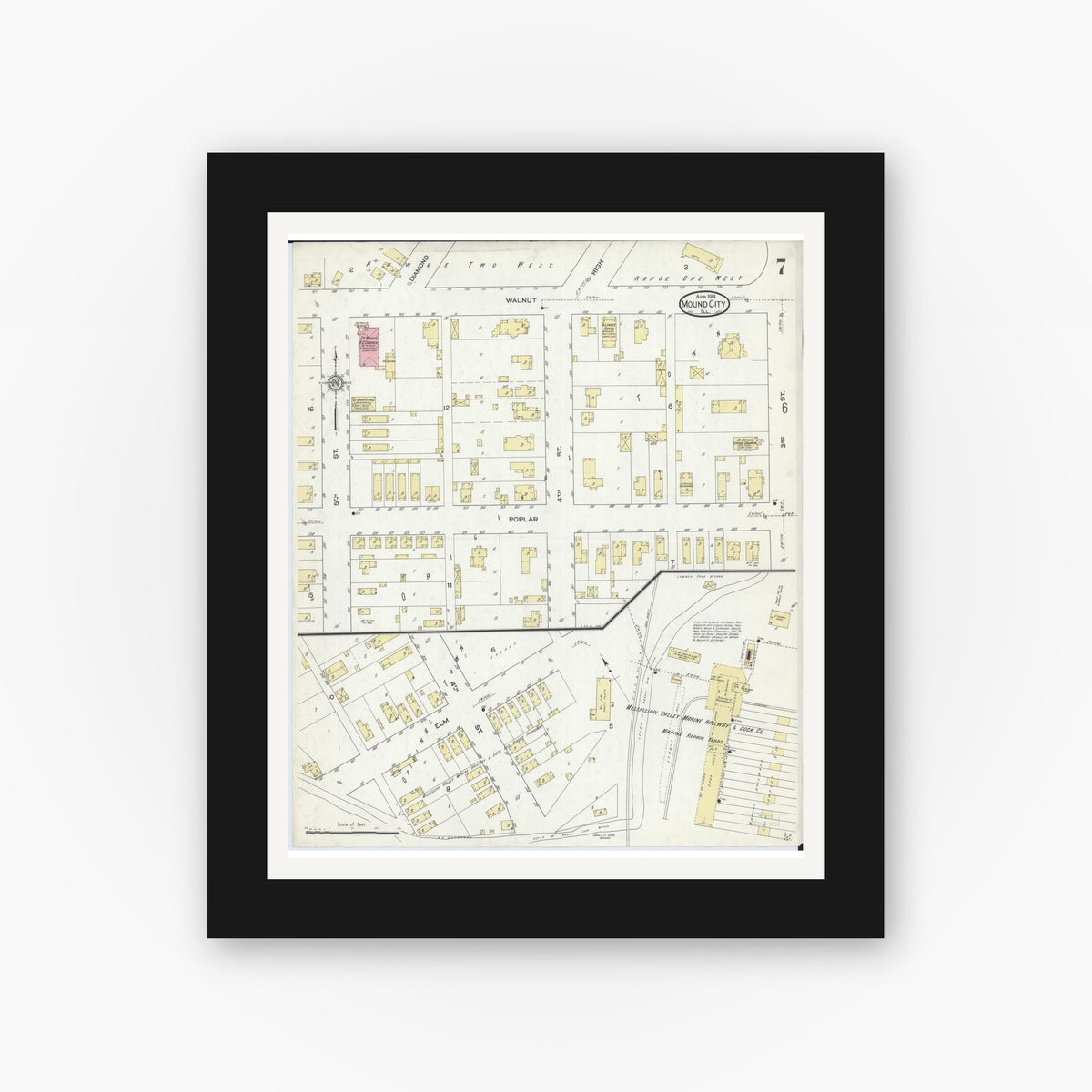 Old map wall art mockup — black gallery frame with white mat — Sanborn Fire Insurance Map from Mound City, Pulaski County, Illinois (1914), Sheet #0007