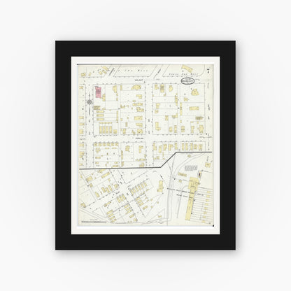Old map wall art mockup — black gallery frame with white mat — Sanborn Fire Insurance Map from Mound City, Pulaski County, Illinois (1914), Sheet #0007
