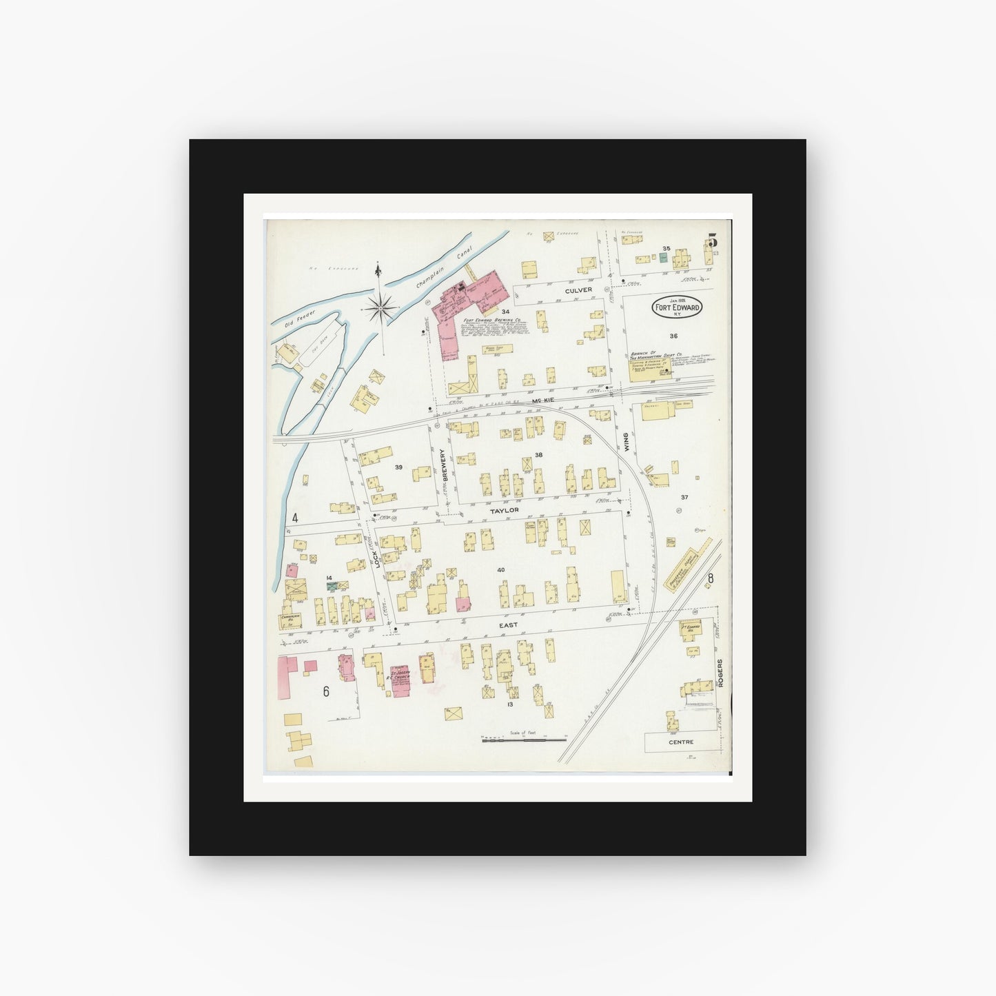 Old map wall art mockup — black gallery frame with white mat — Sanborn Fire Insurance Map from Fort Edward, Washington County, New York (1909), Sheet #0005