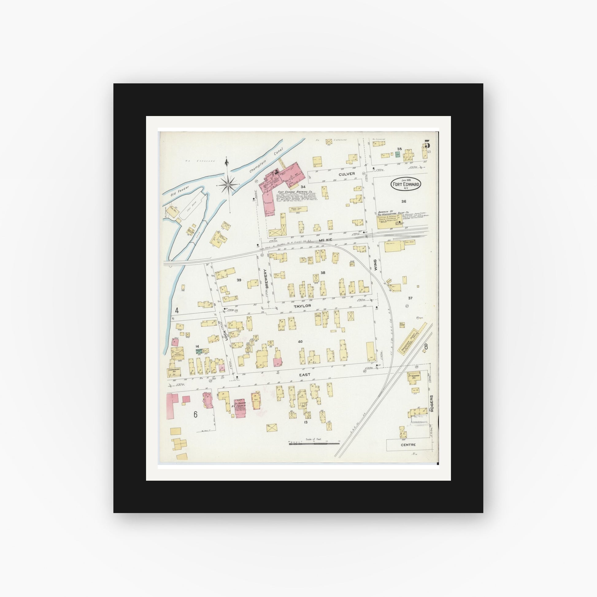 Old map wall art mockup — black gallery frame with white mat — Sanborn Fire Insurance Map from Fort Edward, Washington County, New York (1909), Sheet #0005