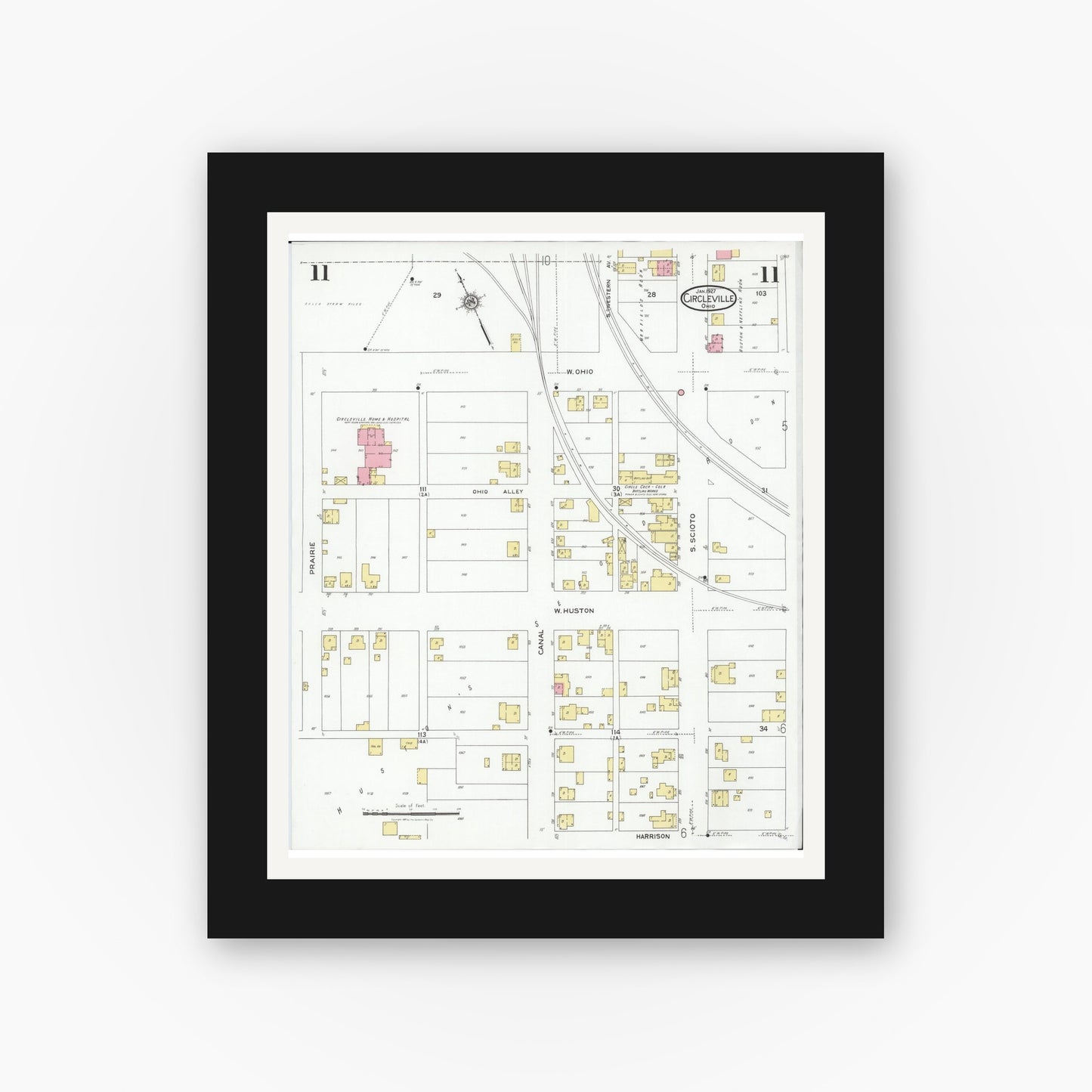 Old map wall art mockup — black gallery frame with white mat — Sanborn Fire Insurance Map from Circleville, Pickaway County, Ohio (1927), Sheet #0011