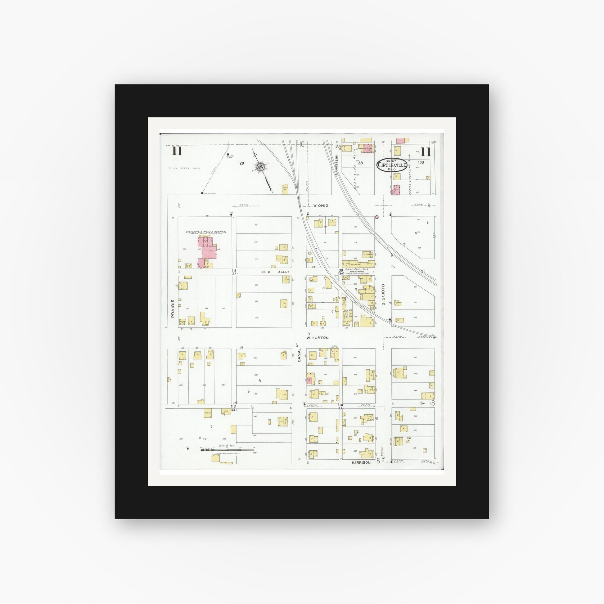Old map wall art mockup — black gallery frame with white mat — Sanborn Fire Insurance Map from Circleville, Pickaway County, Ohio (1927), Sheet #0011