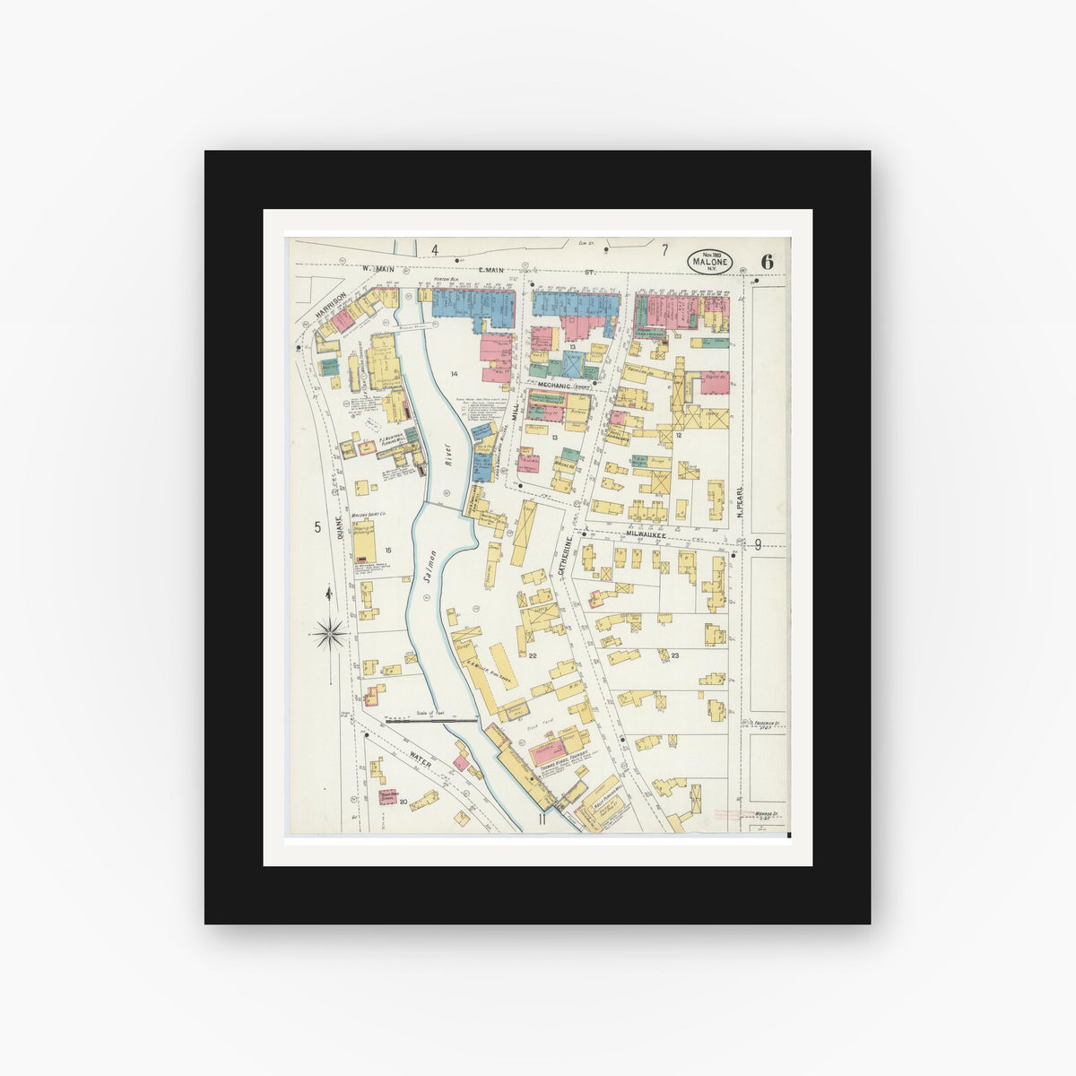 Old map wall art mockup — black gallery frame with white mat — Sanborn Fire Insurance Map from Malone, Franklin County, New York (1903), Sheet #0006