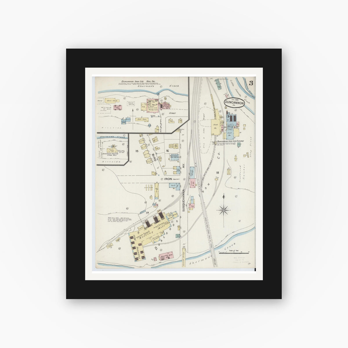 Old map wall art mockup — black gallery frame with white mat — Sanborn Fire Insurance Map from Duncannon, Perry County, Pennsylvania (1888), Sheet #0003