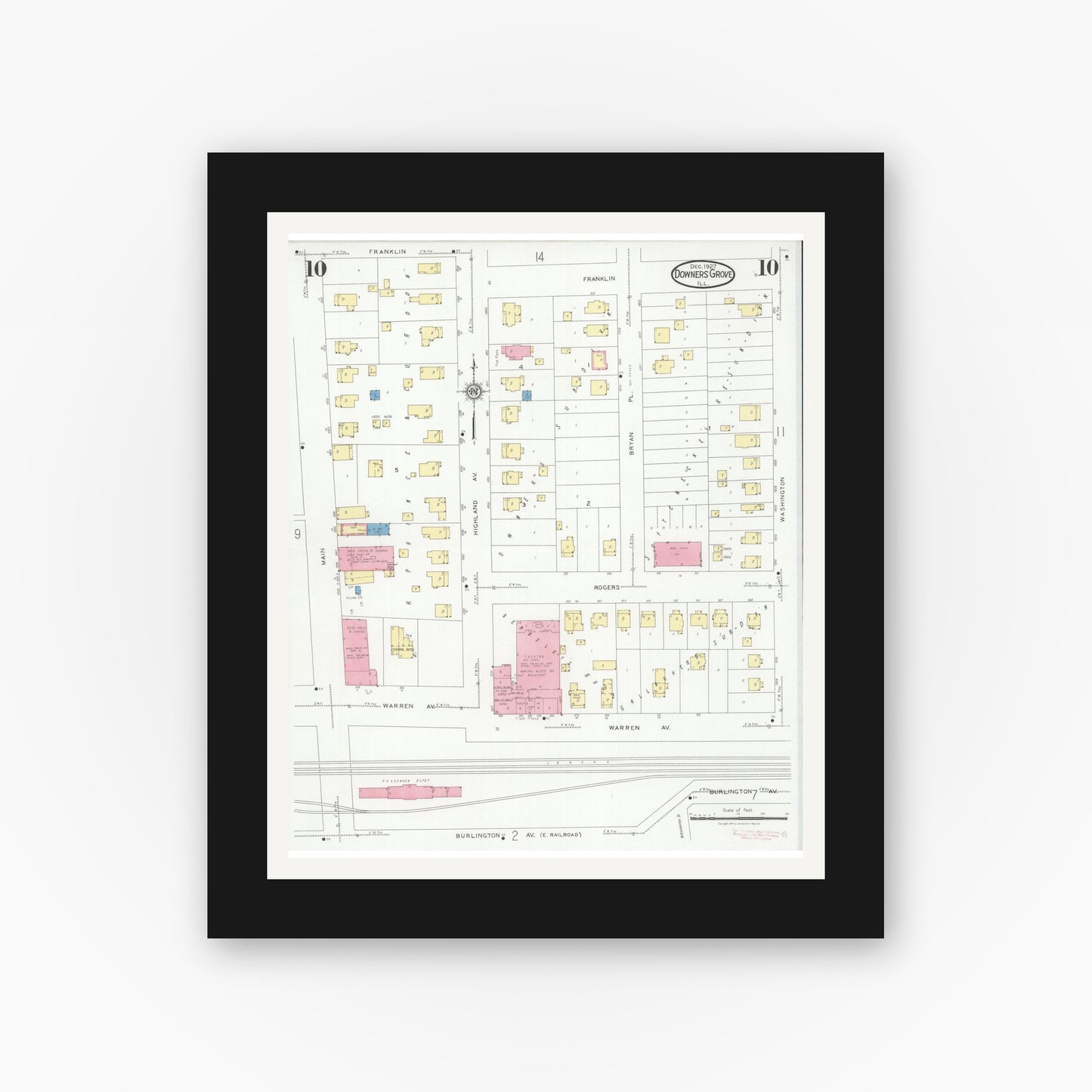 Old map wall art mockup — black gallery frame with white mat — Sanborn Fire Insurance Map from Downers Grove, Dupage County, Illinois (1927), Sheet #0010