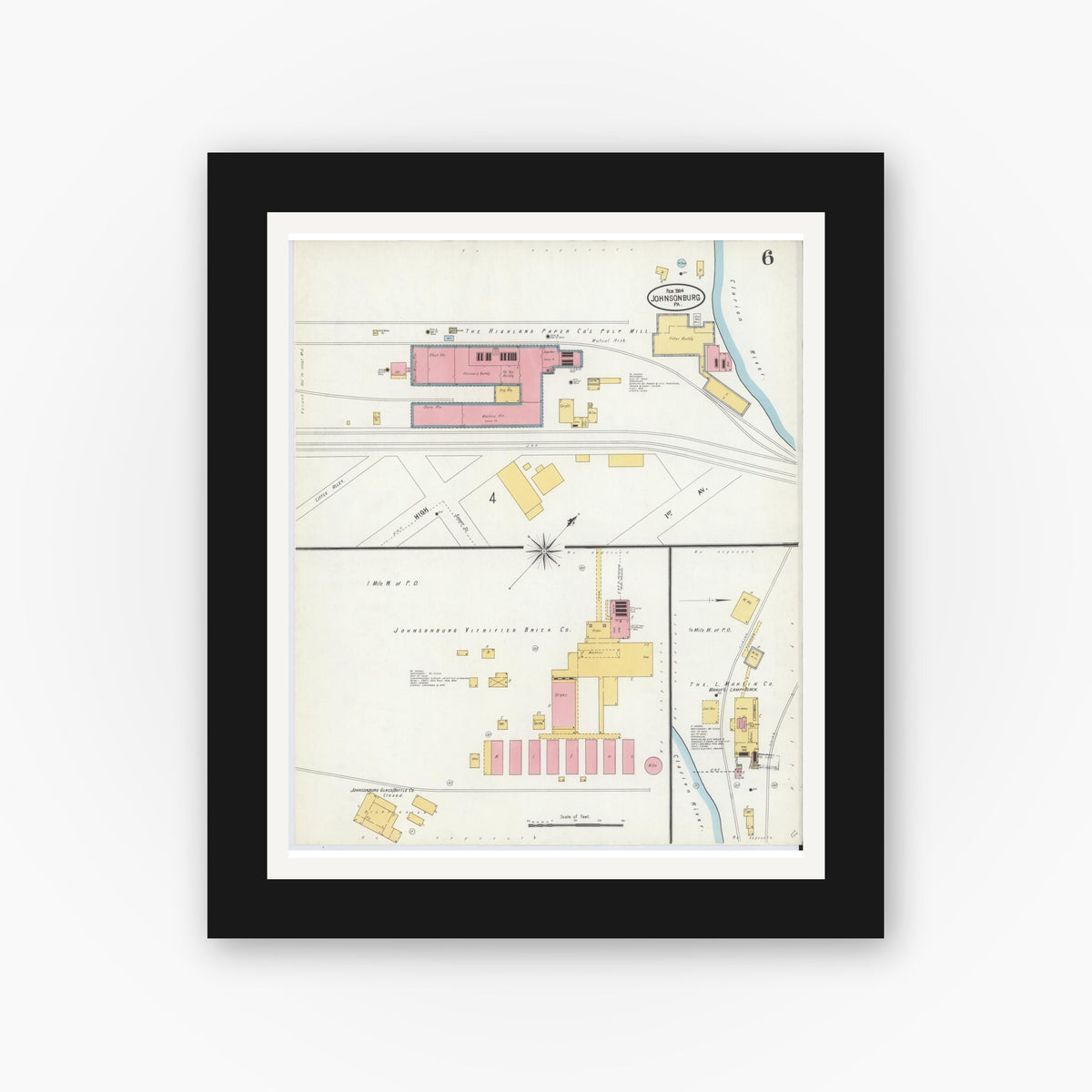 Old map wall art mockup — black gallery frame with white mat — Sanborn Fire Insurance Map from Johnsonburg, Elk County, Pennsylvania (1904), Sheet #0006