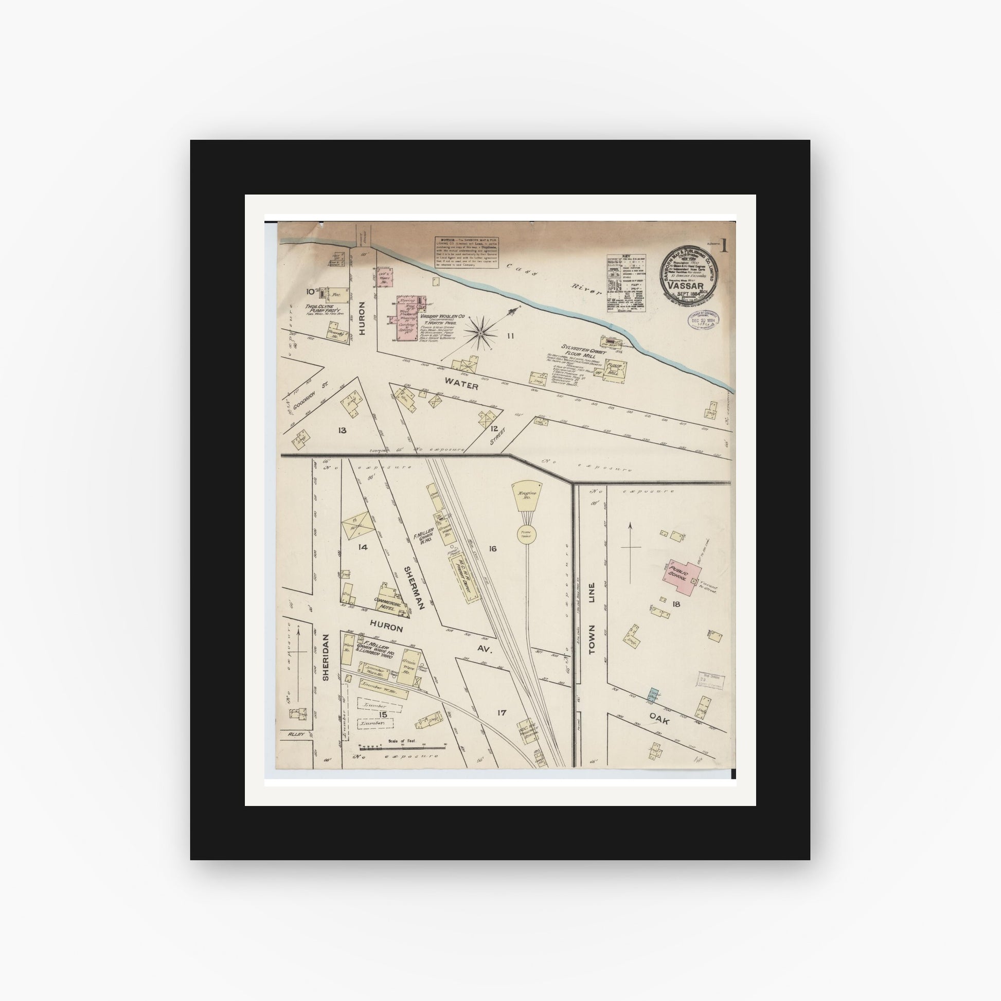Old map wall art mockup — black gallery frame with white mat — Sanborn Fire Insurance Map from Vassar, Tuscola County, Michigan (1884), Sheet #0001