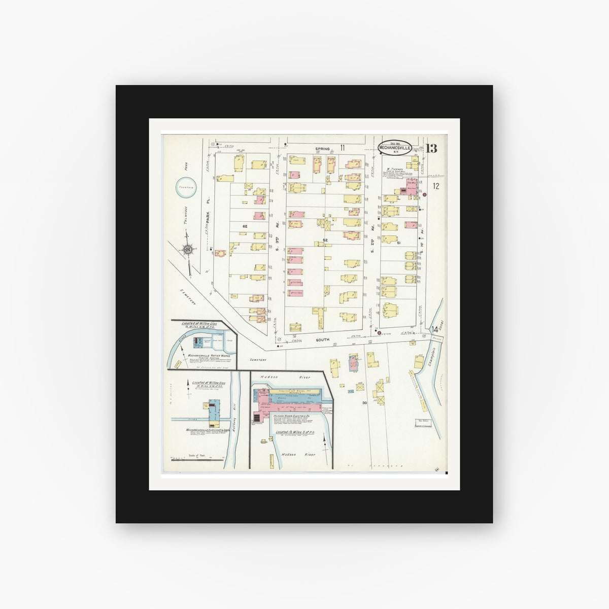 Old map wall art mockup — black gallery frame with white mat — Sanborn Fire Insurance Map from Mechanicville, Saratoga County, New York (1911), Sheet #0013