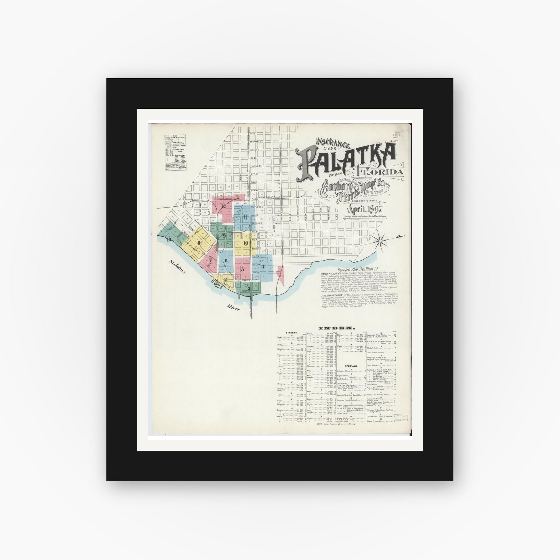 Old map wall art mockup — black gallery frame with white mat — Sanborn Fire Insurance Map from Palatka, Putnam County, Florida (1897) - Complete Map Set