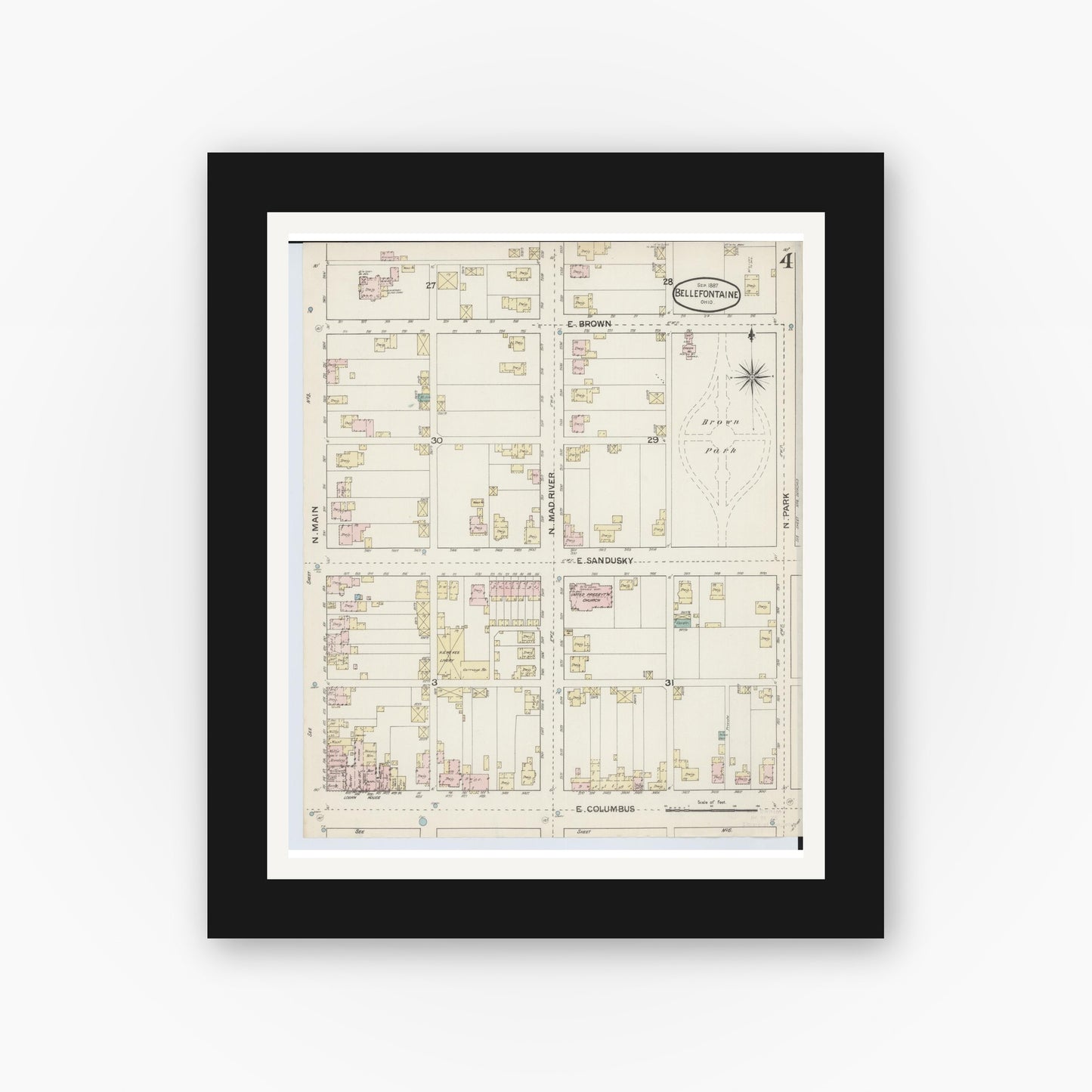 Old map wall art mockup — black gallery frame with white mat — Sanborn Fire Insurance Map from Bellefontaine, Logan County, Ohio (1887), Sheet #0004