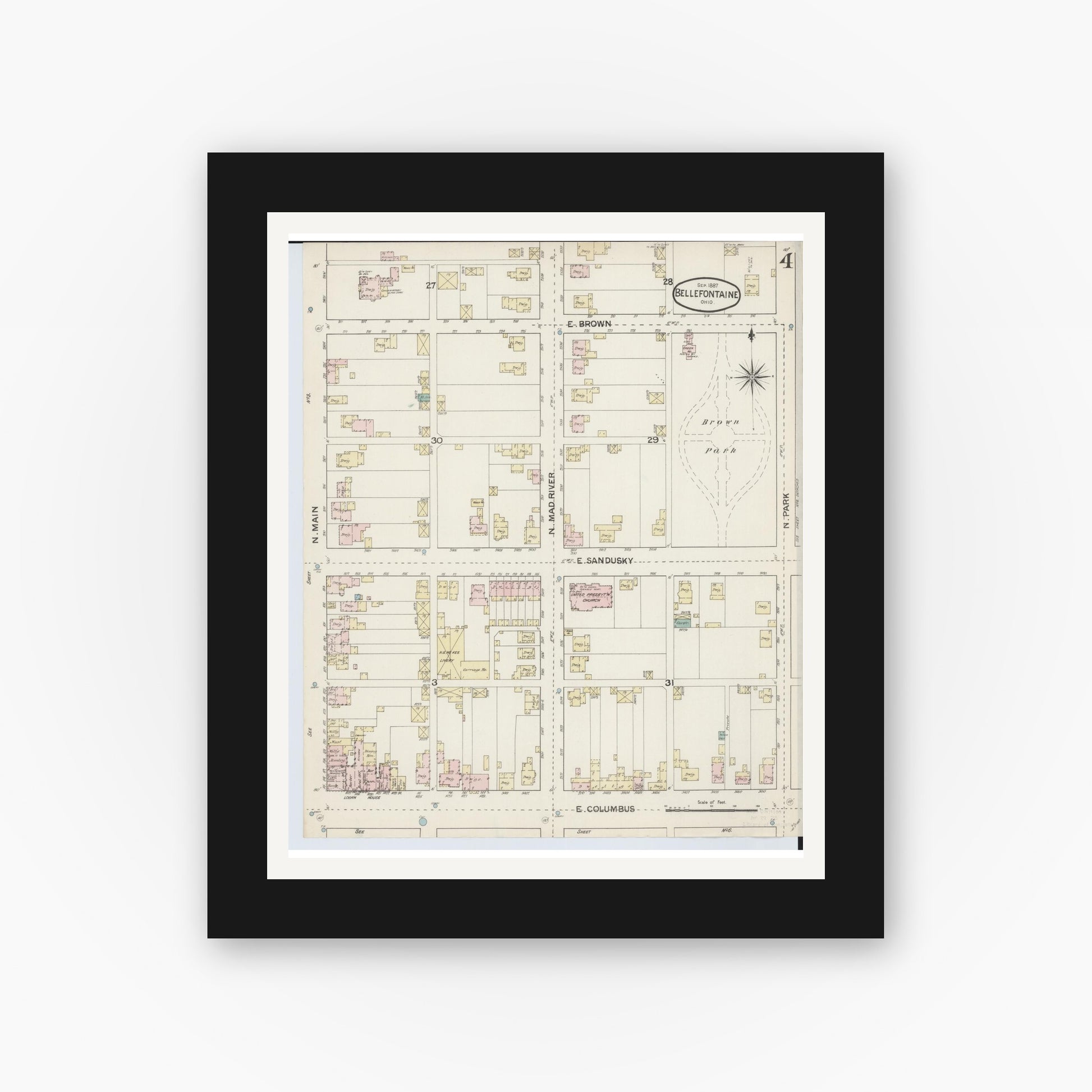 Old map wall art mockup — black gallery frame with white mat — Sanborn Fire Insurance Map from Bellefontaine, Logan County, Ohio (1887), Sheet #0004