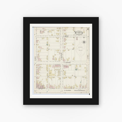 Old map wall art mockup — black gallery frame with white mat — Sanborn Fire Insurance Map from Bellefontaine, Logan County, Ohio (1887), Sheet #0004