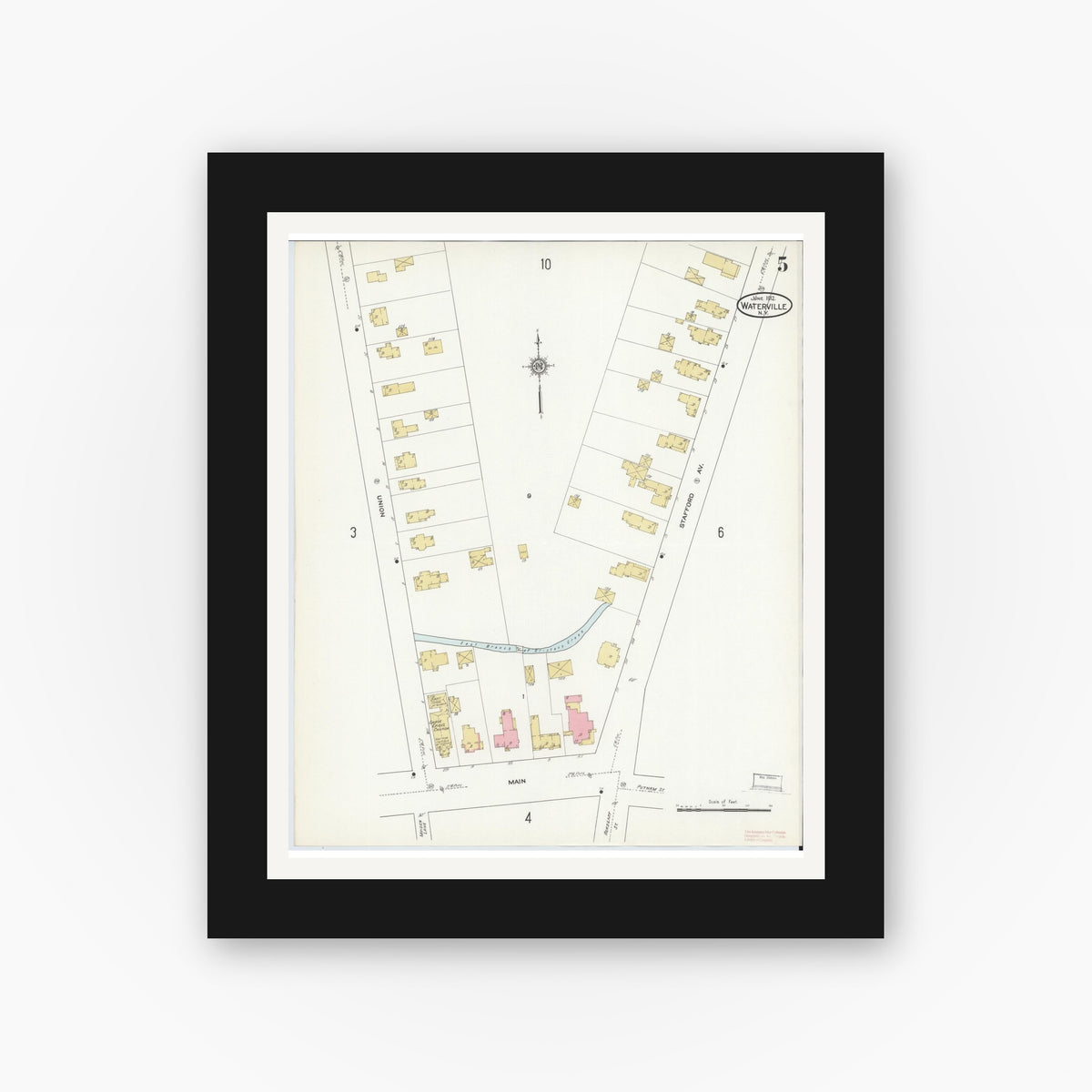 Old map wall art mockup — black gallery frame with white mat — Sanborn Fire Insurance Map from Waterville, Oneida County, New York (1912), Sheet #0005