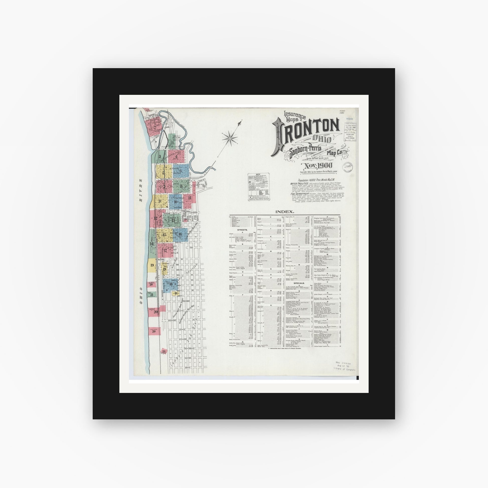 Old map wall art mockup — black gallery frame with white mat — Sanborn Fire Insurance Map from Ironton, Lawrence County, Ohio (1900) - Complete Map Set