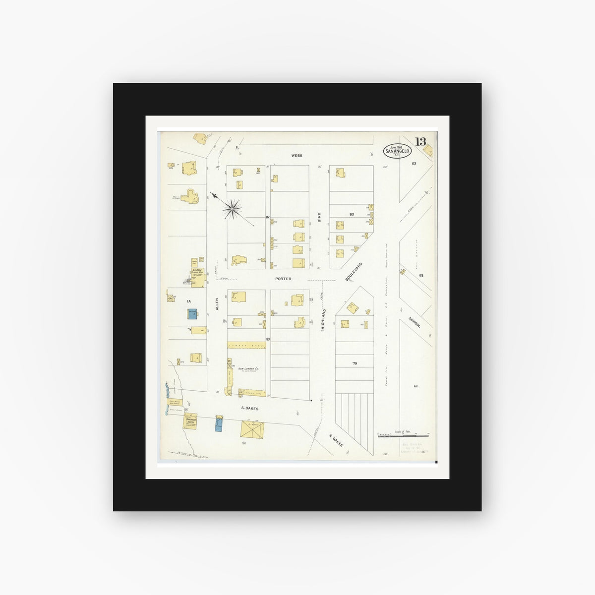 Old map wall art mockup — black gallery frame with white mat — Sanborn Fire Insurance Map from San Angelo, Tom Green County, Texas (1908), Sheet #0013
