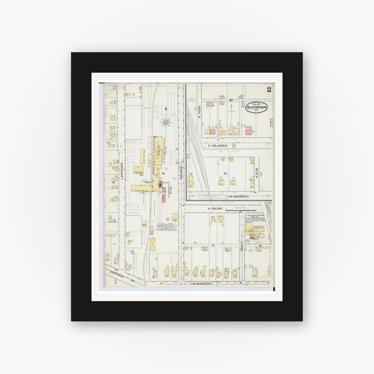 Old map wall art mockup — black gallery frame with white mat — Sanborn Fire Insurance Map from Bellefontaine, Logan County, Ohio (1892), Sheet #0002