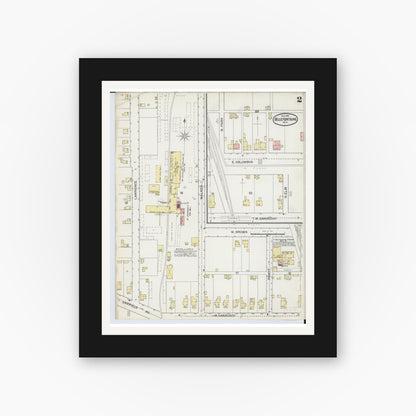 Old map wall art mockup — black gallery frame with white mat — Sanborn Fire Insurance Map from Bellefontaine, Logan County, Ohio (1892), Sheet #0002