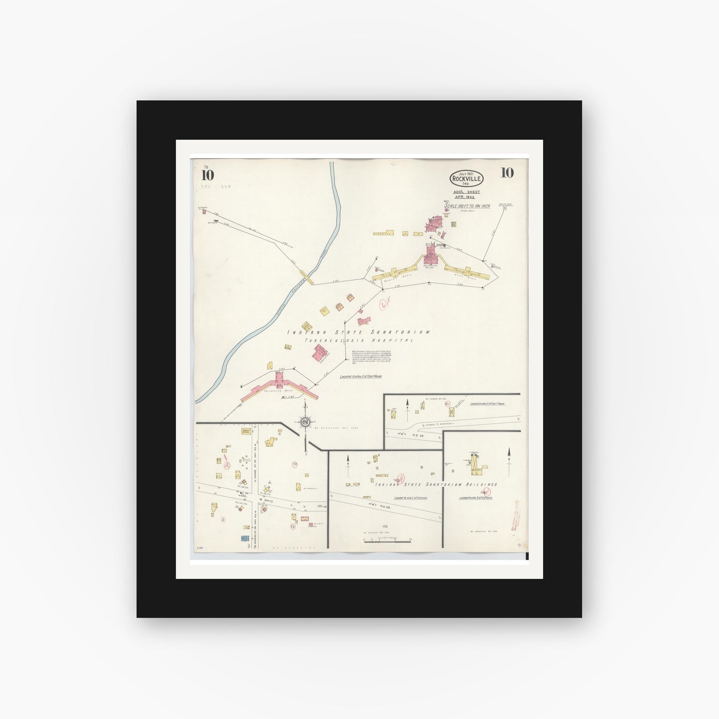 Old map wall art mockup — black gallery frame with white mat — Sanborn Fire Insurance Map from Rockville, Parke County, Indiana (1932), Sheet #0010