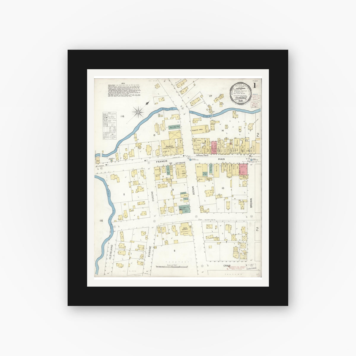 Old map wall art mockup — black gallery frame with white mat — Sanborn Fire Insurance Map from Ferndale, Humboldt County, California (1900) - Complete Map Set