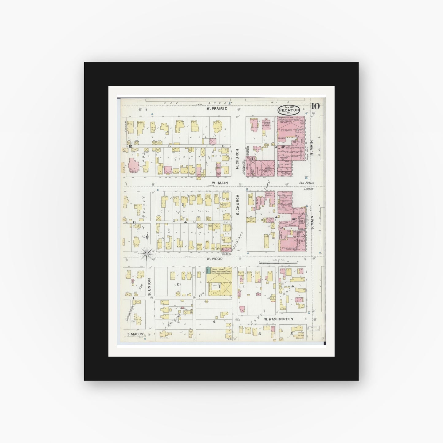 Old map wall art mockup — black gallery frame with white mat — Sanborn Fire Insurance Map from Decatur, Macon County, Illinois (1892), Sheet #0010