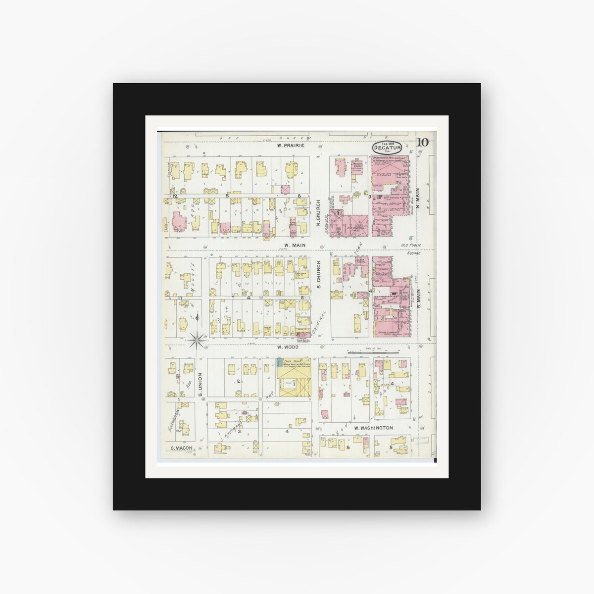 Old map wall art mockup — black gallery frame with white mat — Sanborn Fire Insurance Map from Decatur, Macon County, Illinois (1892), Sheet #0010