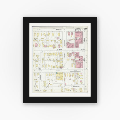 Old map wall art mockup — black gallery frame with white mat — Sanborn Fire Insurance Map from Decatur, Macon County, Illinois (1892), Sheet #0010
