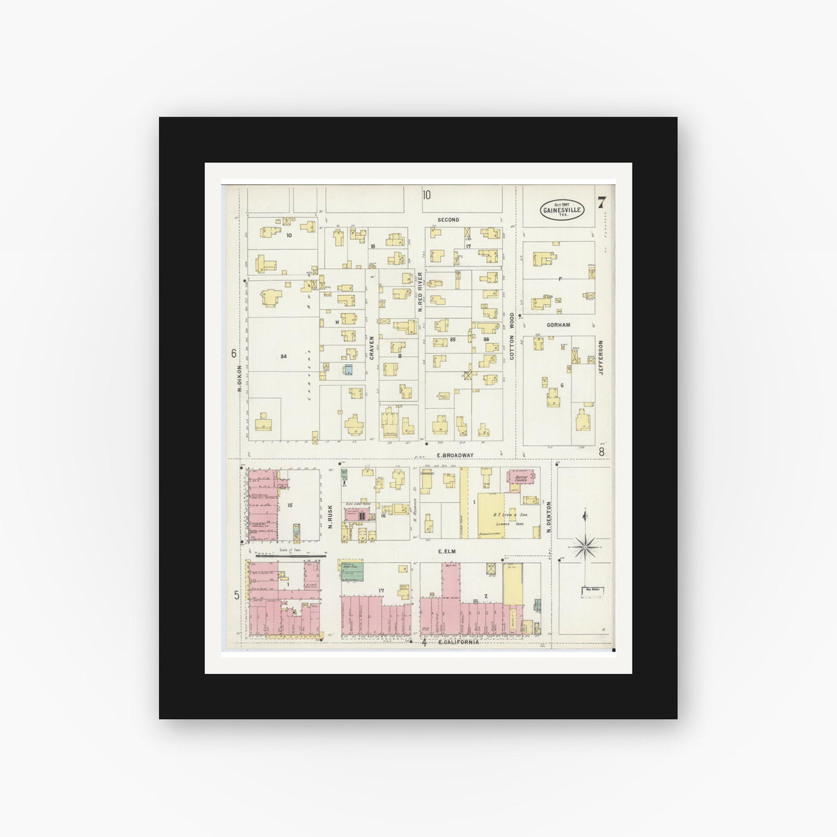 Old map wall art mockup — black gallery frame with white mat — Sanborn Fire Insurance Map from Gainesville, Cooke County, Texas (1897), Sheet #0007