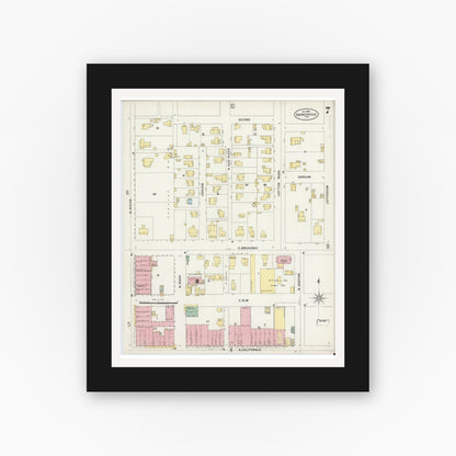 Old map wall art mockup — black gallery frame with white mat — Sanborn Fire Insurance Map from Gainesville, Cooke County, Texas (1897), Sheet #0007