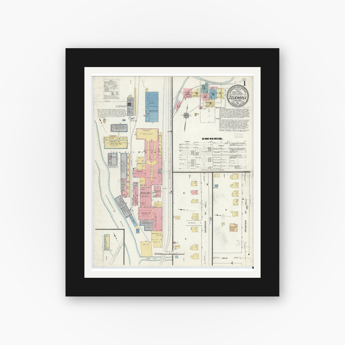 Old map wall art mockup — black gallery frame with white mat — Sanborn Fire Insurance Map from Zelienople, Butler County, Pennsylvania (1912) - Complete Map Set