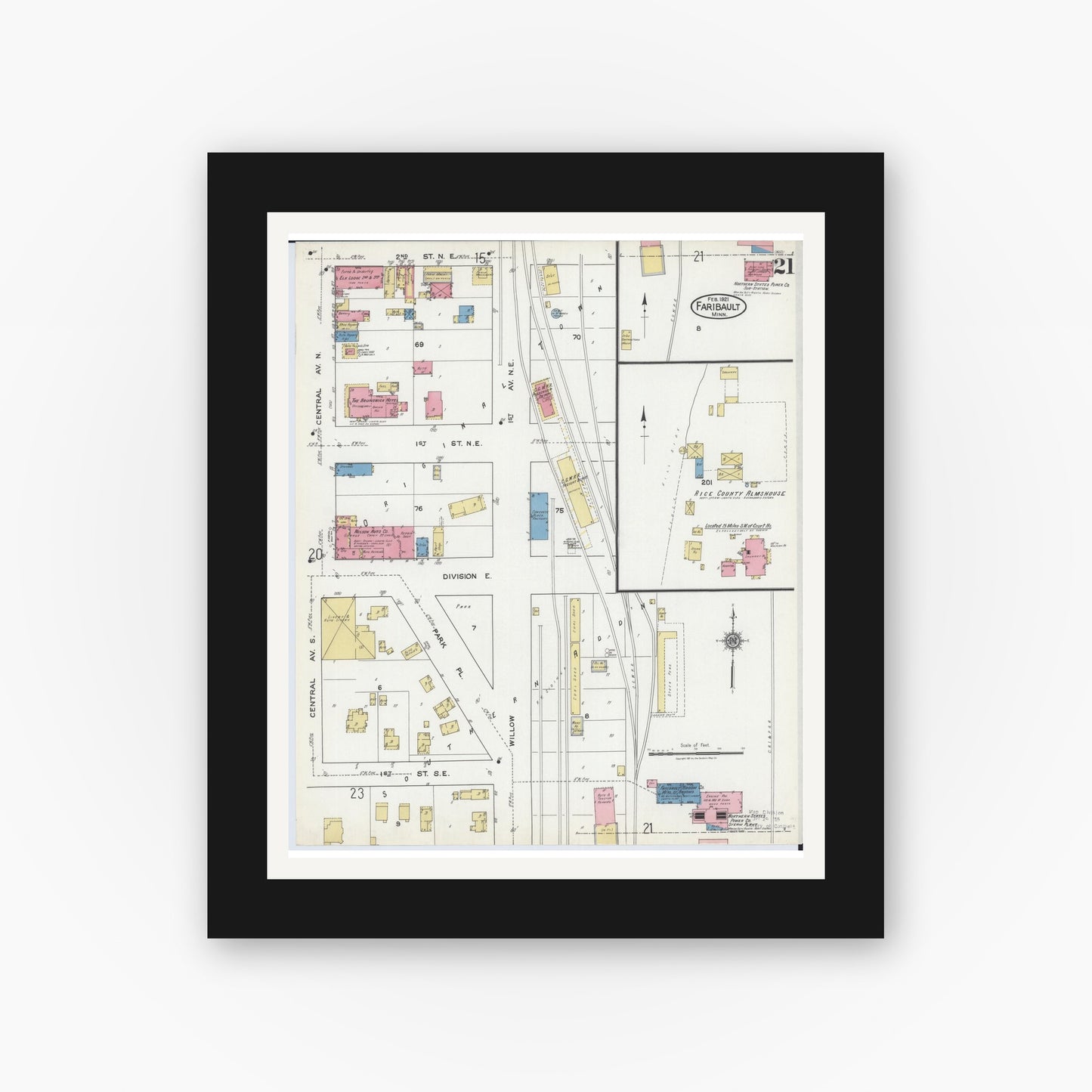Old map wall art mockup — black gallery frame with white mat — Sanborn Fire Insurance Map from Faribault, Rice County, Minnesota (1921), Sheet #0021
