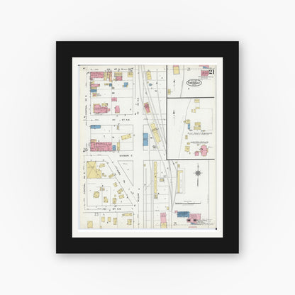Old map wall art mockup — black gallery frame with white mat — Sanborn Fire Insurance Map from Faribault, Rice County, Minnesota (1921), Sheet #0021
