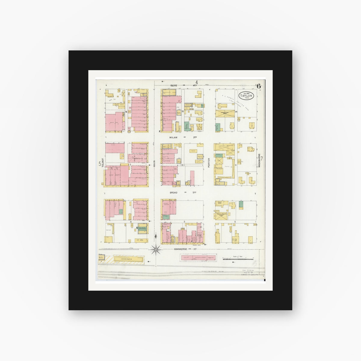 Old map wall art mockup — black gallery frame with white mat — Sanborn Fire Insurance Map from Taylor, Williamson County, Texas (1904), Sheet #0006