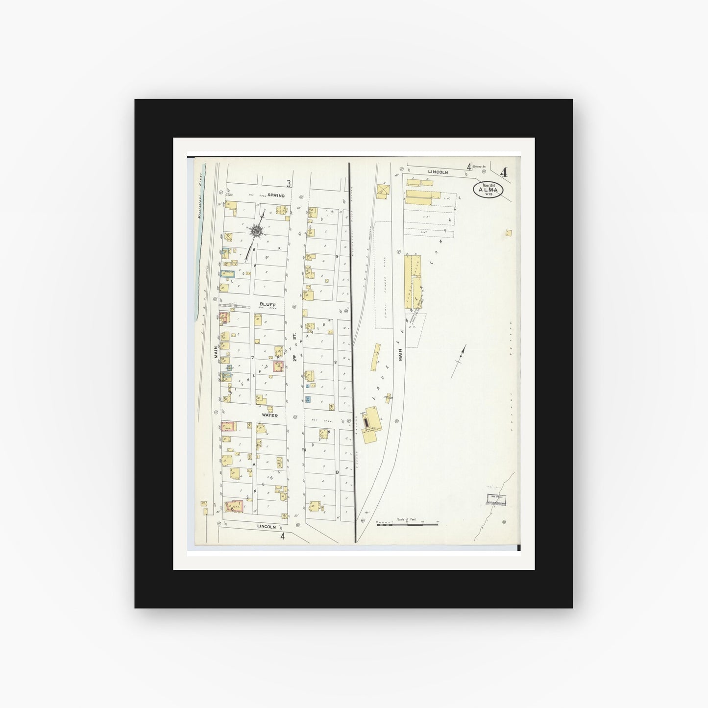 Old map wall art mockup — black gallery frame with white mat — Sanborn Fire Insurance Map from Alma, Buffalo County, Wisconsin (1910), Sheet #0004