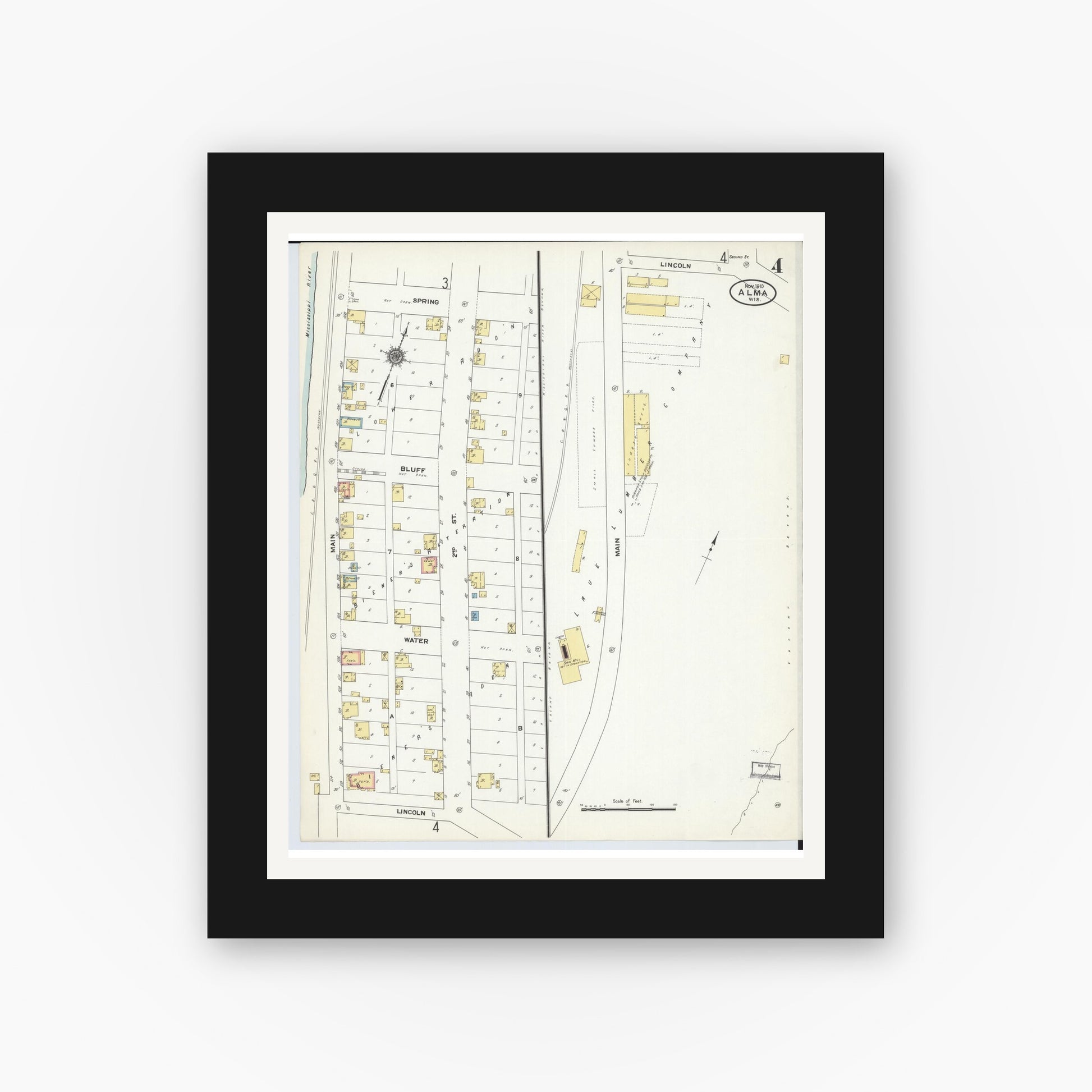 Old map wall art mockup — black gallery frame with white mat — Sanborn Fire Insurance Map from Alma, Buffalo County, Wisconsin (1910), Sheet #0004