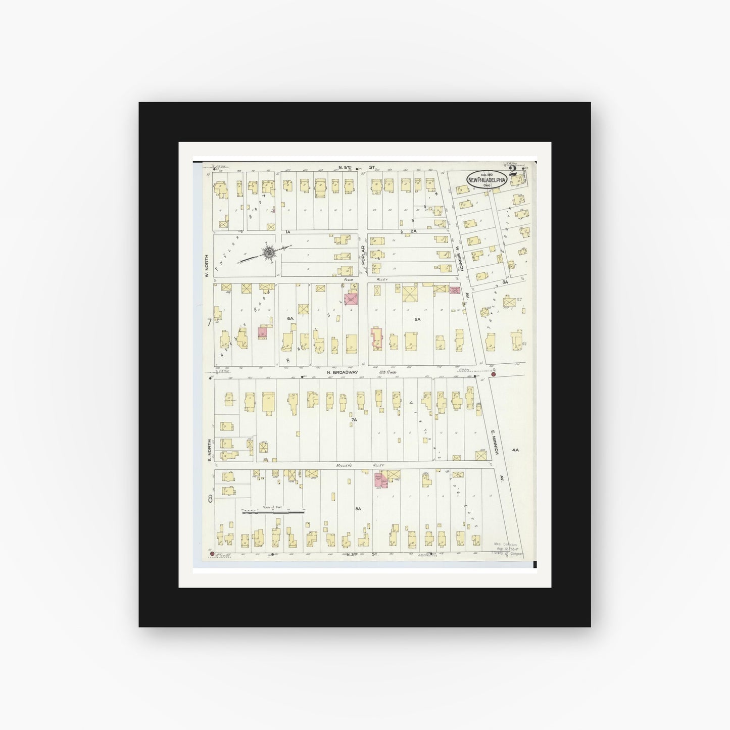 Old map wall art mockup — black gallery frame with white mat — Sanborn Fire Insurance Map from New Philadelphia, Tuscarawas County, Ohio (1910), Sheet #0002