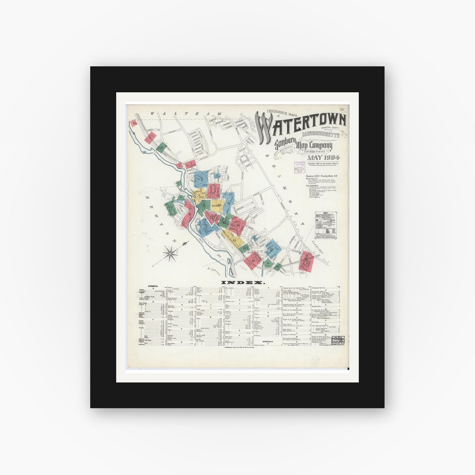 Old map wall art mockup — black gallery frame with white mat — Sanborn Fire Insurance Map from Watertown, Middlesex County, Massachusetts (1904) - Complete Map Set
