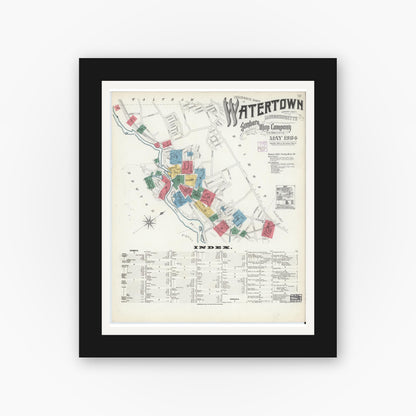 Old map wall art mockup — black gallery frame with white mat — Sanborn Fire Insurance Map from Watertown, Middlesex County, Massachusetts (1904) - Complete Map Set