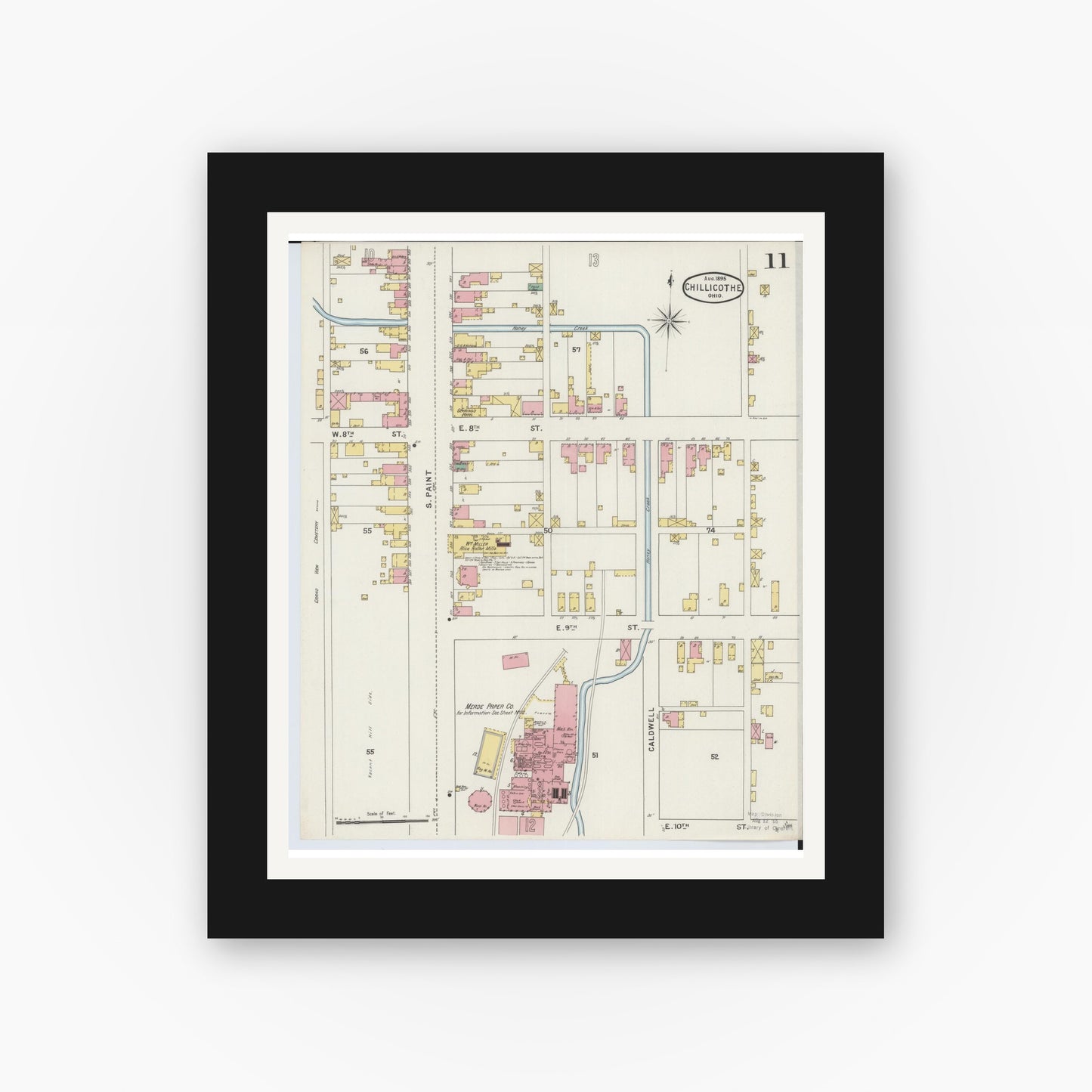 Old map wall art mockup — black gallery frame with white mat — Sanborn Fire Insurance Map from Chillicothe, Ross County, Ohio (1895), Sheet #0011