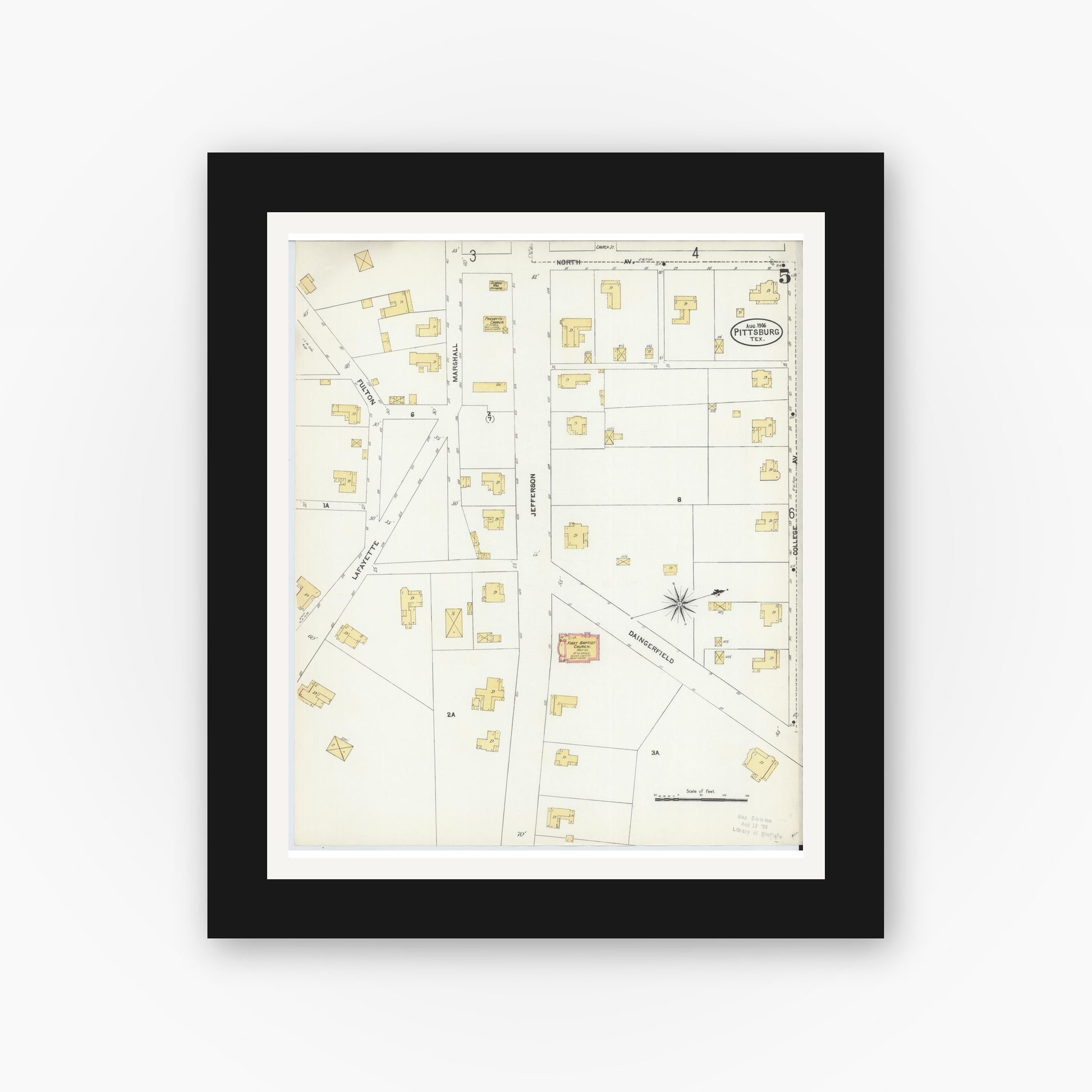 Old map wall art mockup — black gallery frame with white mat — Sanborn Fire Insurance Map from Pittsburg, Camp County, Texas (1906), Sheet #0005