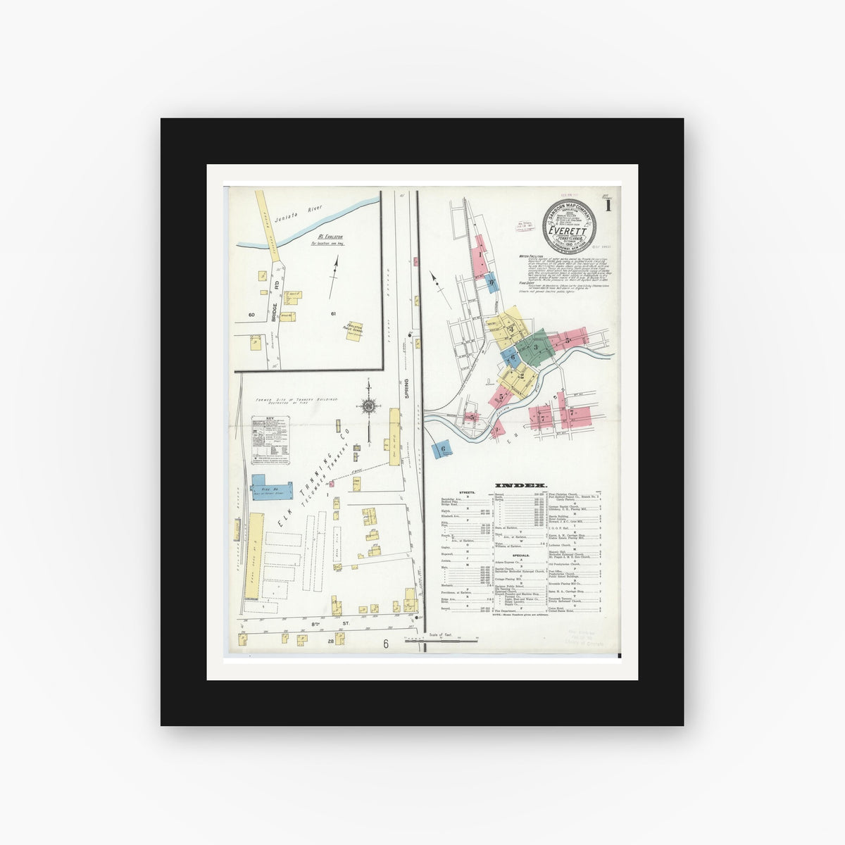 Old map wall art mockup — black gallery frame with white mat — Sanborn Fire Insurance Map from Everett, Bedford County, Pennsylvania (1910), Sheet #0001