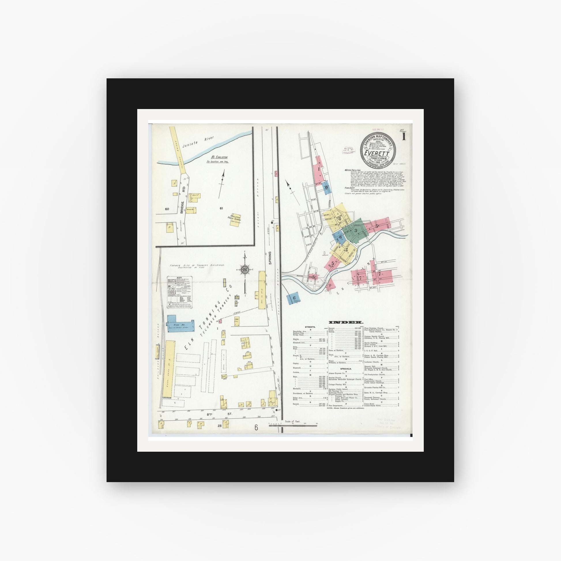 Old map wall art mockup — black gallery frame with white mat — Sanborn Fire Insurance Map from Everett, Bedford County, Pennsylvania (1910), Sheet #0001