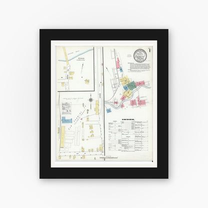 Old map wall art mockup — black gallery frame with white mat — Sanborn Fire Insurance Map from Everett, Bedford County, Pennsylvania (1910), Sheet #0001
