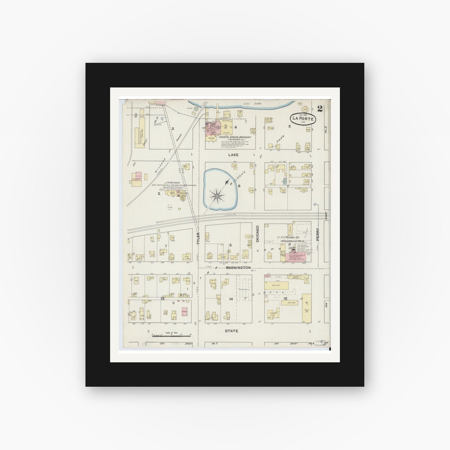 Old map wall art mockup — black gallery frame with white mat — Sanborn Fire Insurance Map from La Porte, La Porte County, Indiana (1890), Sheet #0002