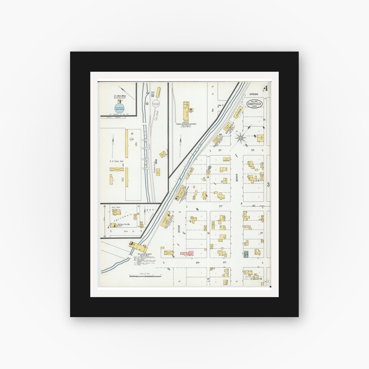 Old map wall art mockup — black gallery frame with white mat — Sanborn Fire Insurance Map from Chatfield, Fillmore And Olmsted Counties, Minnesota (1900), Sheet #0004