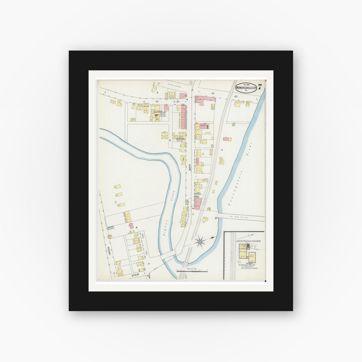 Old map wall art mockup — black gallery frame with white mat — Sanborn Fire Insurance Map from Monongahela City, Washington County, Pennsylvania (1895), Sheet #0007