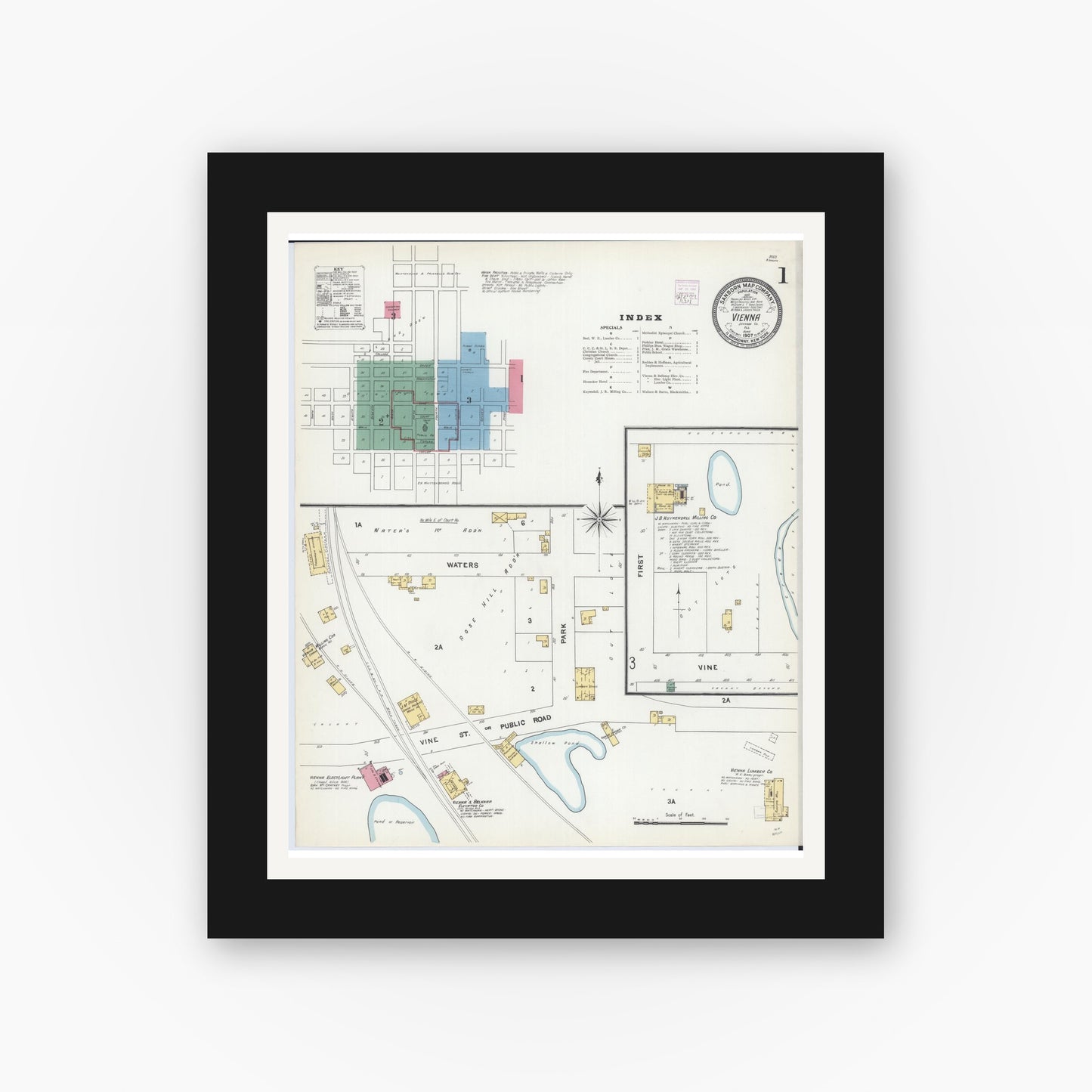 Old map wall art mockup — black gallery frame with white mat — Sanborn Fire Insurance Map from Vienna, Johnson County, Illinois (1907), Sheet #0001