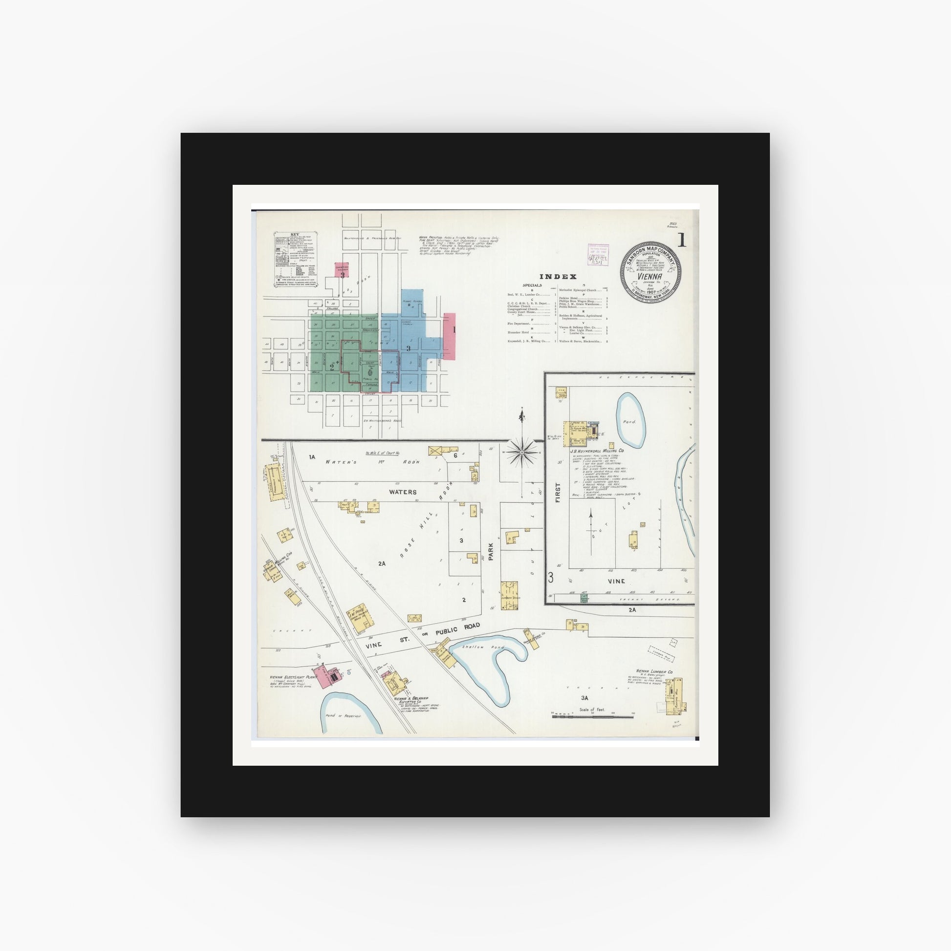 Old map wall art mockup — black gallery frame with white mat — Sanborn Fire Insurance Map from Vienna, Johnson County, Illinois (1907), Sheet #0001