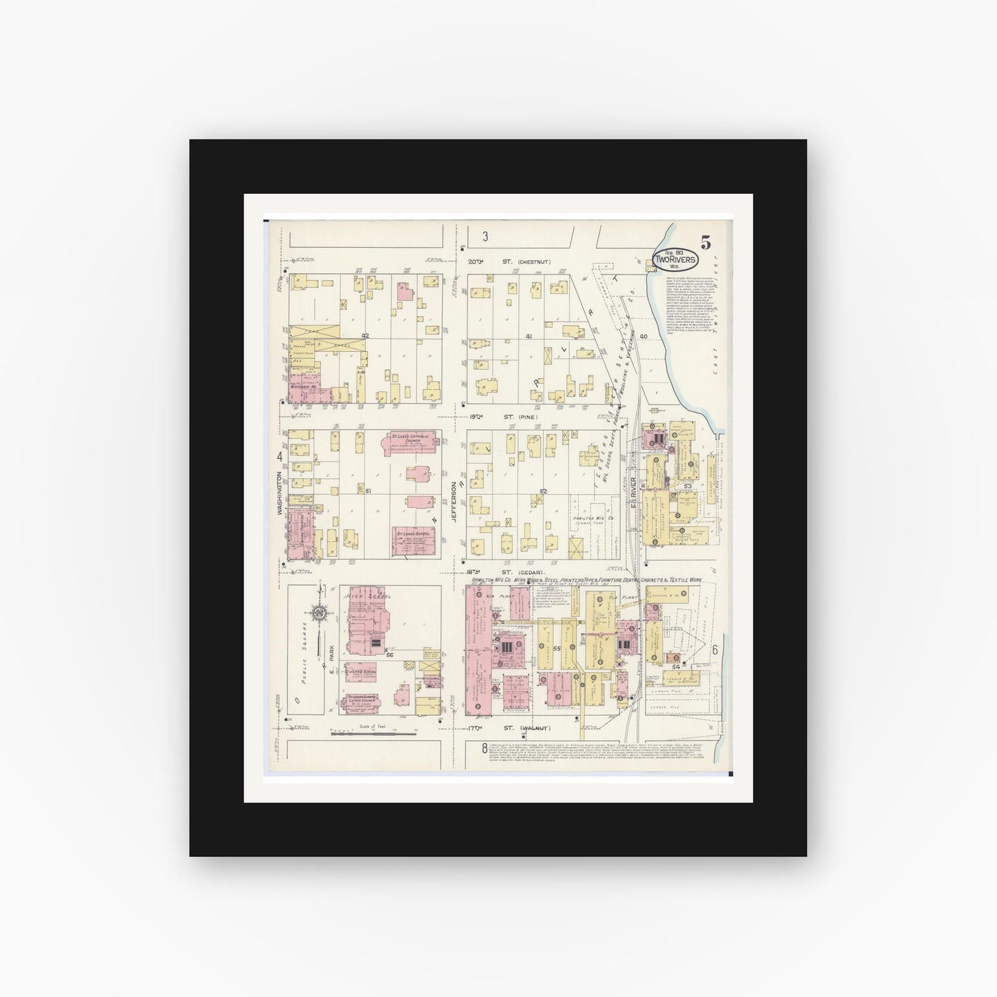 Old map wall art mockup — black gallery frame with white mat — Sanborn Fire Insurance Map from Two Rivers, Manitowoc County, Wisconsin (1913), Sheet #0005