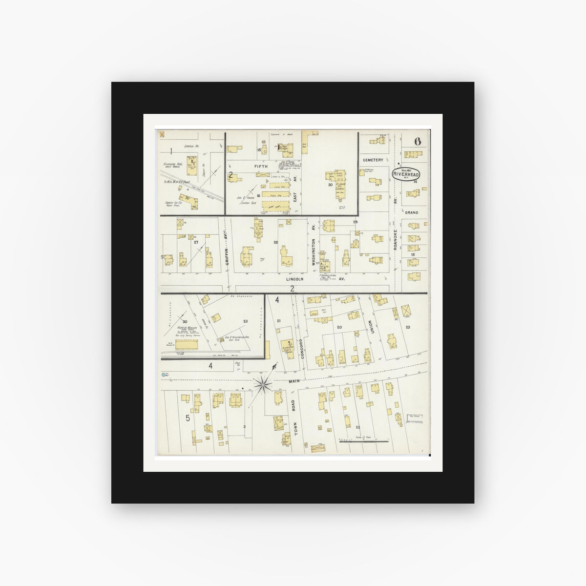 Old map wall art mockup — black gallery frame with white mat — Sanborn Fire Insurance Map from Riverhead, Suffolk County, New York (1897), Sheet #0006